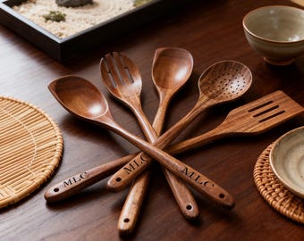 Juego de utensilios de cocina de madera de teca, cucharas y espátulas de madera de estilo minimalista, utensilios de cocina de teca de mango largo, utensilios para restaurante de ramen.