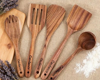 Personalized Teak Wood Utensil Set – Handmade, Non-Stick Safe