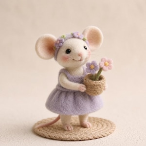 May include: A needle-felted mouse figurine with cream-colored fur, wearing a lavender dress and a matching headband adorned with small purple flowers. The mouse holds a tiny woven basket containing two small felt flowers, one purple and one pink.
