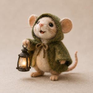 Peut inclure: Une figurine de souris en laine feutrée à la fourrure crème, vêtue d'une cape à capuche vert olive texturée nouée au cou. La souris a de grandes oreilles rondes, un nez rose et tient une petite lanterne sombre avec une lumière brillante.