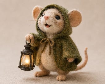 Needle Felted Mouse with Lantern, Wool Forest Wanderer Figurine, Storybook Woodland Animal Doll, Cozy Cloak Miniature, Book Lover Gift