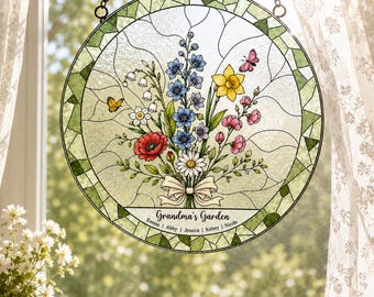 Personalized Birth Flower Stained Glass Suncatcher, Custom Grandma's Garden Window Hanging, Family Name Birth Month Flower Decor
