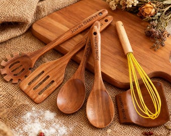 Personalized Teak Wood Utensil Set – Handmade Spatula & Spoon Set