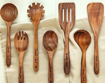 Handmade Teak Wooden Utensil Set, 8-Piece Cooking Spoon Set, Eco Kitchen Tools, Rustic Kitchen Gift, Christmas Gift, Halloween Gift