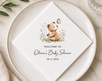Personalized Woodland Bear Baby Shower Napkins Watercolor Teddy Bear Custom Party Decor Boho Neutral Gender Reveal Paper Napkin