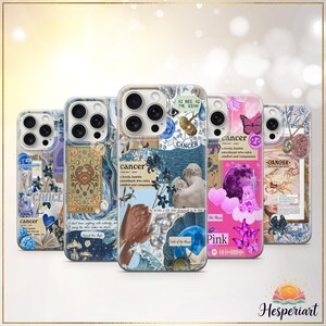 May include: A selection of phone cases with Cancer zodiac designs. Each case displays a collage of images including butterflies, flowers, and zodiac symbols. The colour scheme features blues, pinks, and purples, with the word "Cancer" visible.