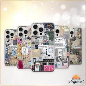 May include: A collection of phone cases with science-themed designs. Each case features a unique collage of chemistry-related elements, including beakers, periodic table elements, and the word "chemistry". The cases are in various colors and styles.