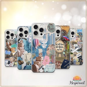 Travel Collage Phone Case Adventure Cover Vintage Suitcase & Passport Globe Map Design iPhone 12 iPhone 13 iPhone 14 iPhone 15 iPhone 16 Pro