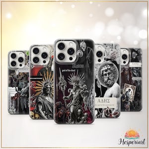 May include: A selection of phone cases showcasing illustrations of Hades, the Greek god. The designs include detailed artwork and text such as "HADES" and "god of the dead". The cases are predominantly black, white, and grey, with intricate imagery.