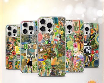 Custodia per telefono con collage di viaggio in Brasile, atmosfera latina, custodia brasiliana, cover per vacanze tropicali a Rio, iPhone 12, iPhone 13, iPhone 14, iPhone 15, iPhone 16 Pro