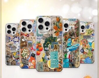 Capa de celular com colagem italiana, capa de viagem vintage italiana com Roma, Amalfi, capa de verão La Dolce para iPhone 12, iPhone 13, iPhone 14, iPhone 15, iPhone 16