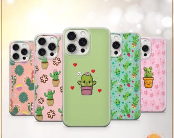 Coque de portable cactus mignon plante succulente dessin animé vert pastel et rose coque iPhone 12 iPhone 13 iPhone 14 iPhone 15 iPhone 16 Pro