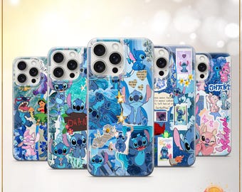 Funda para teléfono Stich Collage con diseño de Ohana Tropical, adorable funda de extraterrestre azul para iPhone 11, iPhone 12, iPhone 13, iPhone 14, iPhone 15, iPhone 16, Samsung S25