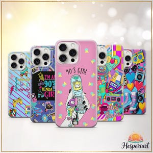 May include: A selection of phone cases with colourful 90s-themed designs. The cases feature graphics of roller skates, boomboxes, and a flip phone with the text "90's Girl". The cases are in various colours, including pink, blue, and purple.