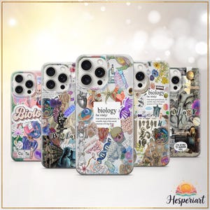 May include: A selection of phone cases with biology-themed designs. Each case showcases a unique collage of scientific illustrations, including DNA strands, anatomical diagrams, and floral elements. The word "biology" is displayed on some cases.