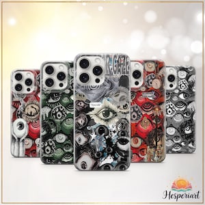 Pode incluir: Uma coleção de cinco capas de telefone com designs únicos com tema de olhos. As capas apresentam uma variedade de cores, incluindo vermelho, verde e preto, com ilustrações detalhadas de olhos e padrões abstratos. Algumas capas têm o texto "Eyes talk" e "an escape from reality."