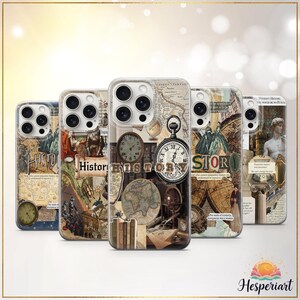 May include: A collection of five phone cases with a vintage history theme. Each case features a unique collage of maps, clocks, and historical imagery. The word "HISTORY" is prominently displayed on several cases.
