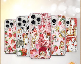 Strawberry Cat Phone Case Kawaii Pink Kitty Cover Cute Berry Gift for Cat Lover iPhone 11 iPhone 12 iPhone 13 iPhone 14 iPhone 15 iPhone 16