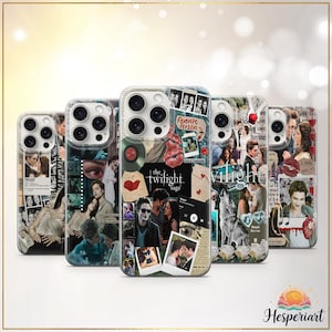 Puede incluir: Una colección de fundas para teléfonos con collages de imágenes y texto relacionados con "The Twilight Saga". Las fundas muestran varias fotos, corazones y las palabras "Favorite Person" y "Twilight". Las fundas están diseñadas para un smartphone.