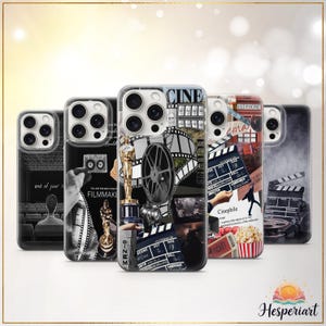May include: A collection of phone cases with various film-themed designs. The cases feature images of movie clapperboards, film reels, and the text "CINE". Some cases have black and white imagery, while others have color designs with popcorn and movie tickets.
