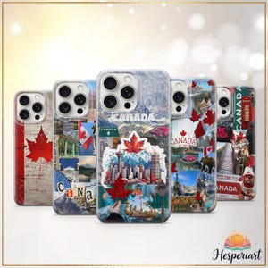 May include: A collection of five phone cases featuring Canadian-themed designs. Each case showcases a unique collage of Canadian imagery, including the Canadian flag, maple leaves, and iconic landmarks. The cases have a clear, glossy finish.