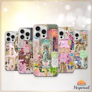 May include: A collection of phone cases with various designs. Each case features a unique collage of images, text, and symbols, including the numbers 666, 777, 555, 444, and the words "The Empress". The cases have a clear, glossy finish.