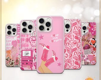 Funda para teléfono con collage de vaquera, color rosa, estilo western, botas, sombreros, caballos y música country, para iPhone 12, iPhone 13, iPhone 14, iPhone 15, iPhone 16 Pro
