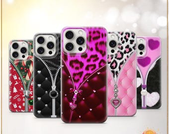 Y2K-dragkedja för mobiler Glödande sött leopardmönster med blinghjärtan Dragkedja-skal till iPhone 11 iPhone 12 iPhone 13 iPhone 14 iPhone 15 iPhone 16
