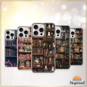 May include: A selection of phone cases displaying intricate illustrations of bookshelves with books and cats. The cases present diverse designs with varied colour schemes, including floral arrangements and stacks of books. The cases are designed to fit a phone.