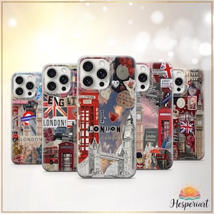 London Collage Phone Case Vintage British Travel Cover England UK Case iPhone 11 iPhone 12 iPhone 13 iPhone 14 iPhone 15 iPhone 16 Pro