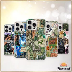 May include: A collection of five phone cases with unique designs. Each case features a collage of images, text, and illustrations, including butterflies, flowers, and zodiac symbols. The word "TAURUS" is visible on several cases. The cases are designed to fit a smartphone.