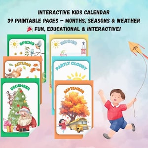 Interactive Kids Calendar - 39 pages - months, seasons, types of weather - fun educational, wall decor, excellent learning tool.