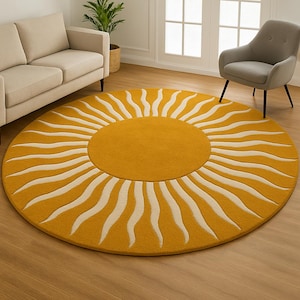 Sunburst Area Rug | Round Sunshine Floor Mat | Yellow Sun Design Carpet | Boho Sunbeam Decor | Bright Living Room Rug