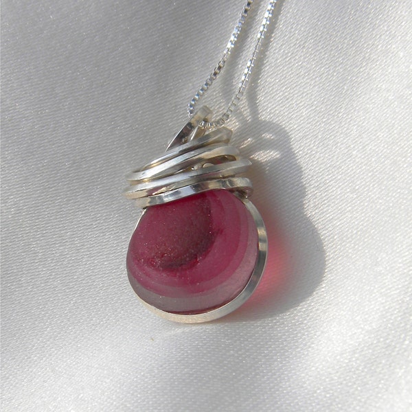 Wire Wrapped Sea Glass Necklace- English Sea Glass Frosty Red, Pink and White Multi in Argentium Silver 930