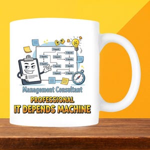 May include: White ceramic mug with a humorous design. The mug features a cartoon clipboard character, a flowchart with "It depends" statements, and the text "Management Consultant PROFESSIONAL IT DEPENDS MACHINE."