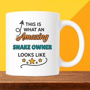May include: White ceramic mug with the text "THIS IS WHAT AN Amazing SNAKE OWNER LOOKS LIKE" in black, orange, and teal. The mug has a curved handle and is set against a yellow and orange background.