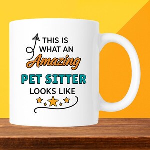 May include: White ceramic mug with the text "THIS IS WHAT AN Amazing PET SITTER LOOKS LIKE" in black, orange, and teal. The mug has a curved handle and is set against a yellow and orange background.