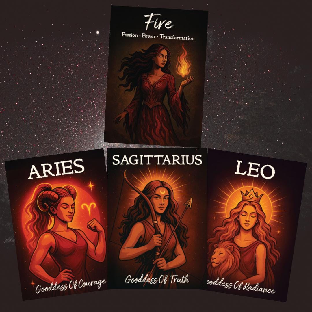 Fire Signs Goddess Printable Set – Aries, Leo, Sagittarius + Elemental ...