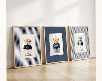 Juego de 3 piezas de arte de pared, impresiones de osos de Ralph Lauren, arte de pared de oso de peluche, galería de pared vintage para habitación infantil, arte de pared de 3 piezas, decoración de habitación azul