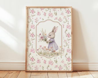 Floraler Hasen-Wandkunstdruck fürs Kinderzimmer, Rosa und Salbeigrünes Mädchenzimmer Dekor, Folk- und Waldhasen-Drucke, Vintage Cottagecore Art