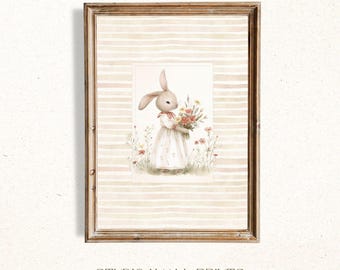 Floraler Hasen-Wandkunstdruck fürs Kinderzimmer, Rosa und Salbeigrünes Mädchenzimmer Dekor, Folk- und Waldhasen-Drucke, Vintage Cottagecore Art