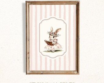 Floraler Hasen-Wandkunstdruck fürs Kinderzimmer, Rosa und Salbeigrünes Mädchenzimmer Dekor, Folk- und Waldhasen-Drucke, Vintage Cottagecore Art