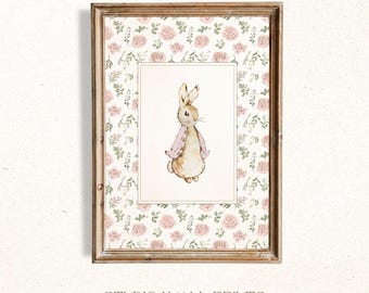 Floraler Hasen-Wandkunstdruck fürs Kinderzimmer, Rosa und Salbeigrünes Mädchenzimmer Dekor, Folk- und Waldhasen-Drucke, Vintage Cottagecore Art