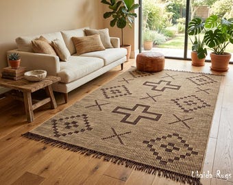 Handwoven Jute Leather Rug | Boho Tribal Geometric Area Carpet