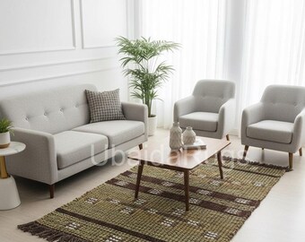 Handwoven Jute Wool Tuareg Tribal Rug, Earthy Boho Living Room Decor