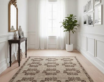 Handwoven Jute Leather Rug | Tuareg Tribal Geometric Pattern | Rustic Boho Carpet