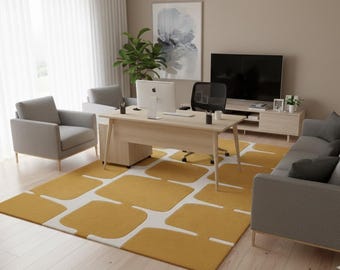 Mid Century Modern Wool Rug, Hand Tufted Geometric Area Rug, Retro Living Room Bedroom Carpet, Custom Size Decor