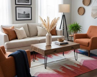 Handwoven Wool Dhurrie Rug | Red Mustard Geometric Boho Flatweave Carpet