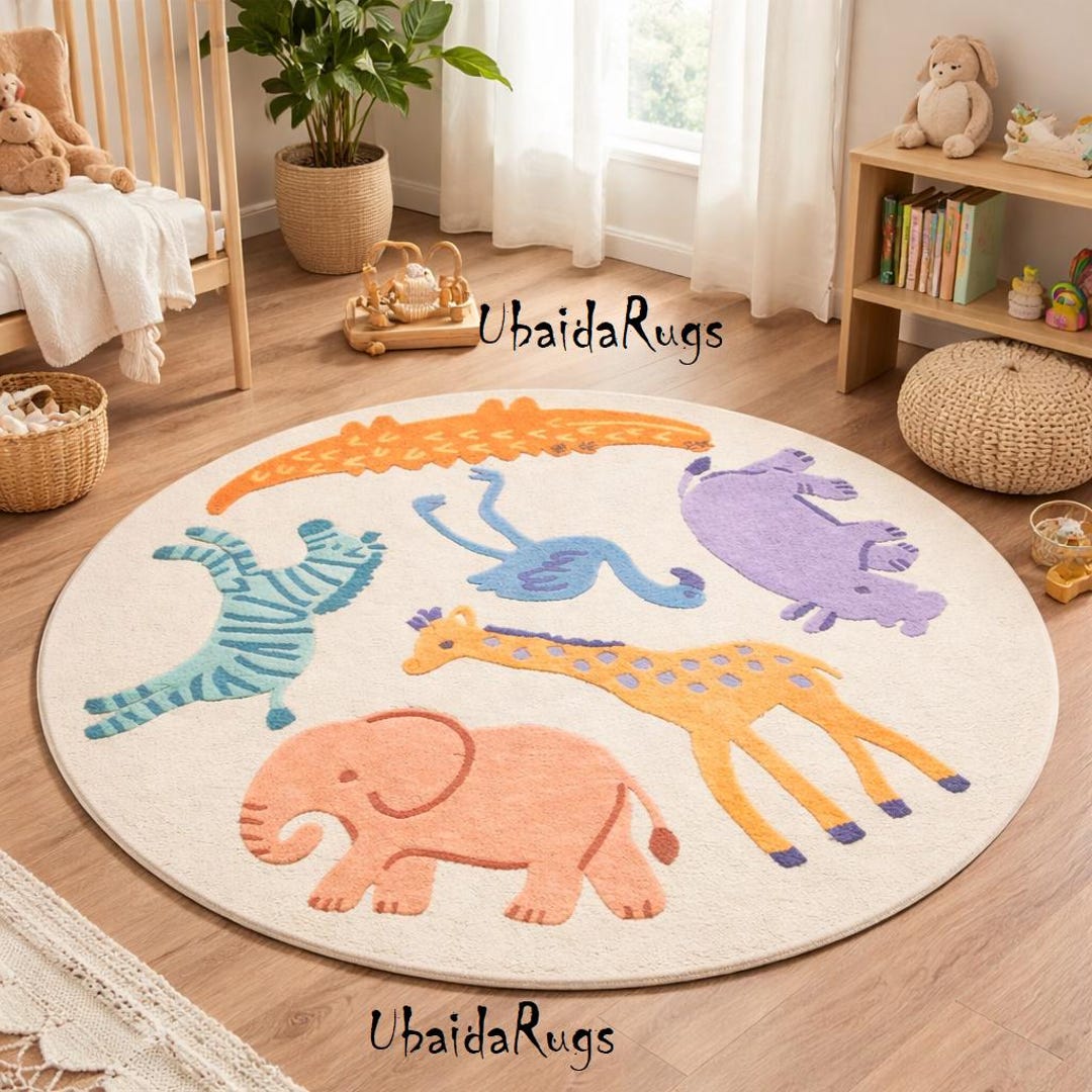Hand Tufted Kids Animal Rug | Round Nursery Carpet | Safari Zoo Animals ...