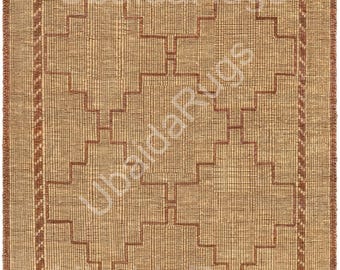 Handwoven Jute Leather Rug | Boho Geometric Area Carpet | Natural Fiber Farmhouse Living Room Decor